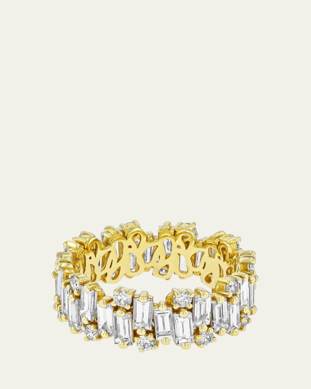 18K Yellow Gold Eternity Band with White Diamond Baguettes and Rounds